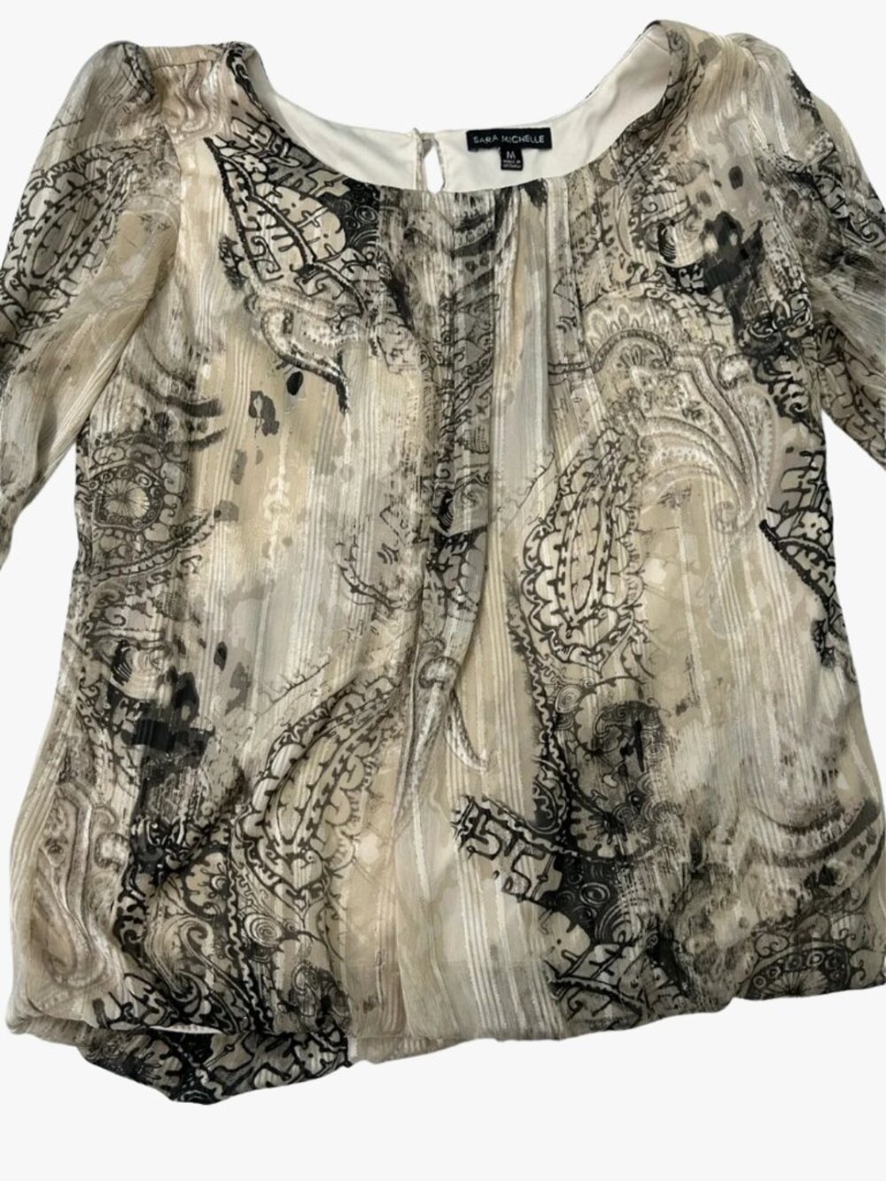 Sara Michelle Beige Paisley Sheer Blouse Medium Semi-Sheer 3/4 Sleeve Top